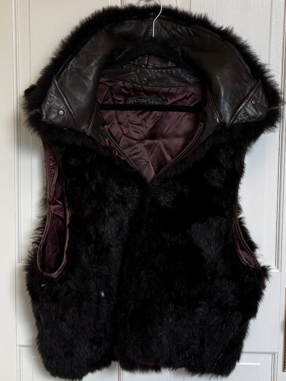 Andrew Marc Opossum Fur Vest Women’s M Brown Black New Zealand Leather Trim
